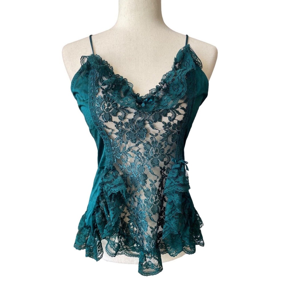 VTG‎ Green Nightie Sheer Ruffle babydoll Lace Forest Fairy Goth coquette Medium